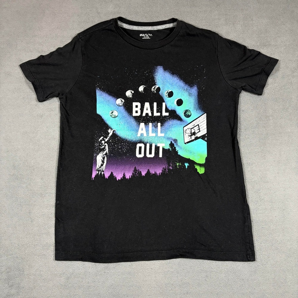 Old Navy Graphic T-Shirt Boys XL Black Ball All Out Basketball Space